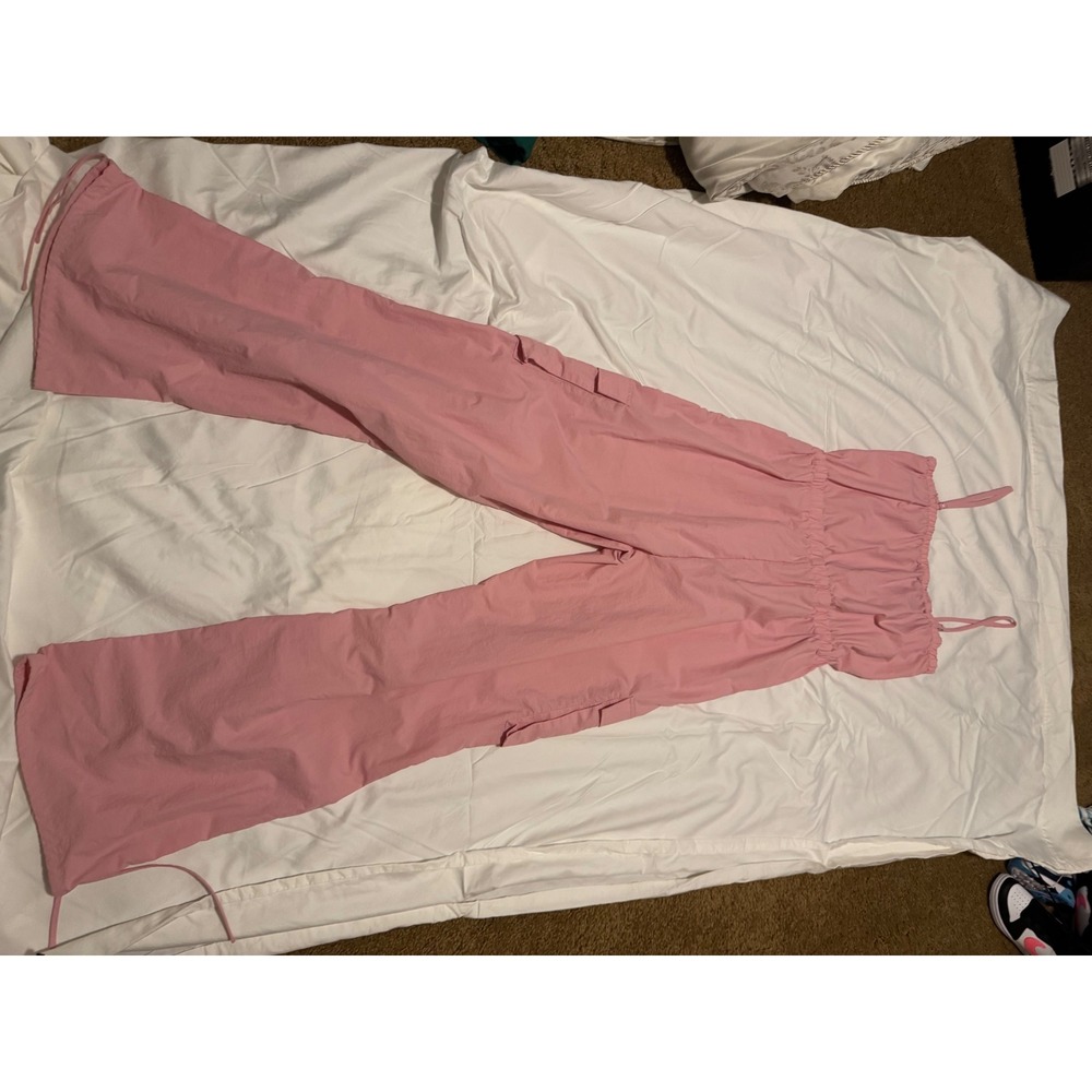 No Vacancy Pink Cargo Jumpsuit W Large Utility Wide Leg Spaghetti Strap Pockets